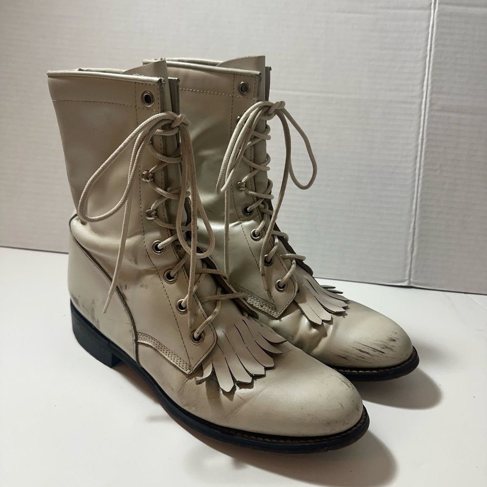 Diamond j Women's Cream Lace-Up western roper Boots
